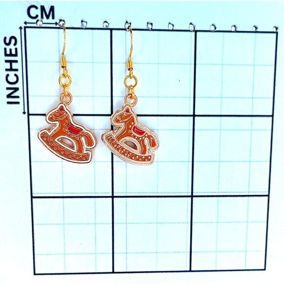 Gingerbread rocking horse dangle earrings — lightweight holiday jewelry - Picture 3 of 4